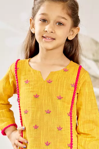 Girl's traditional mustard cotton kurta leggings set with thread embroidery for festival casual wear (22-30)
