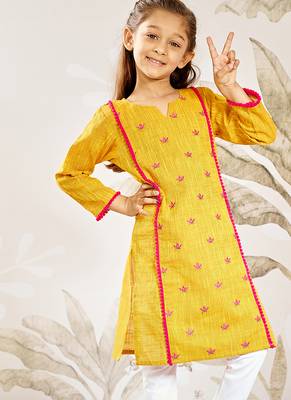 Girl's traditional mustard cotton kurta leggings set with thread embroidery for festival casual wear (22-30) 3