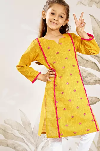 Girl's traditional mustard cotton kurta leggings set with thread embroidery for festival casual wear (22-30)