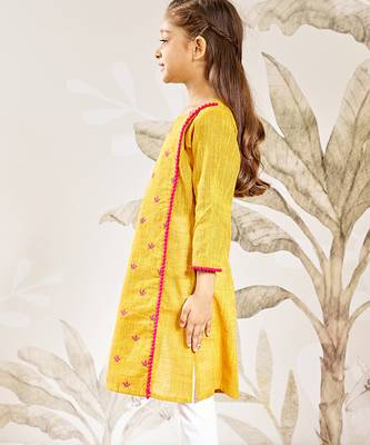 Girl's traditional mustard cotton kurta leggings set with thread embroidery for festival casual wear (22-30) 4