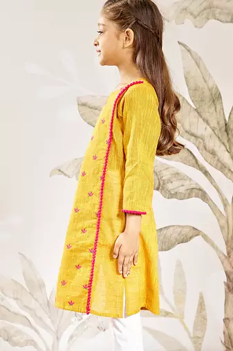 Girl's traditional mustard cotton kurta leggings set with thread embroidery for festival casual wear (22-30)