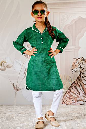Girl's traditional raksha bandhan outfit - green cotton kurta with white leggings set for casual festival wear