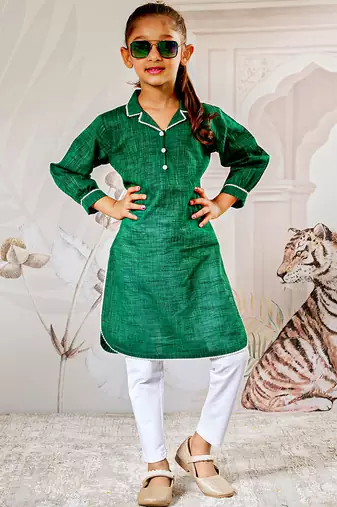 Girl's traditional raksha bandhan outfit - green cotton kurta with white leggings set for casual festival wear