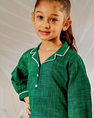 Girl's traditional raksha bandhan outfit - green cotton kurta with white leggings set for casual festival wear 2