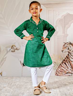 Girl's traditional raksha bandhan outfit - green cotton kurta with white leggings set for casual festival wear 3