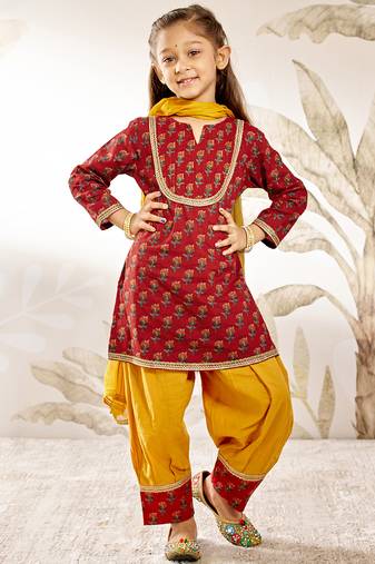 Girl's traditional raksha bandhan outfit - red cotton kurta patiala dupatta set with floral print for festival wear