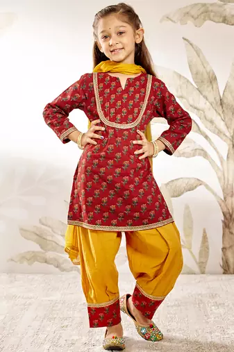 Girl's traditional raksha bandhan outfit - red cotton kurta patiala dupatta set with floral print for festival wear