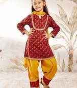 Girl's traditional raksha bandhan outfit - red cotton kurta patiala dupatta set with floral print for festival wear