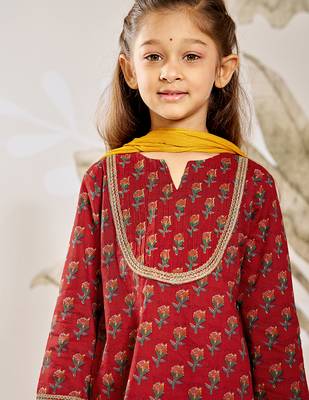 Girl's traditional raksha bandhan outfit - red cotton kurta patiala dupatta set with floral print for festival wear 2