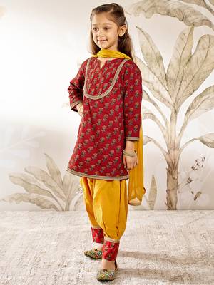 Girl's traditional raksha bandhan outfit - red cotton kurta patiala dupatta set with floral print for festival wear 3