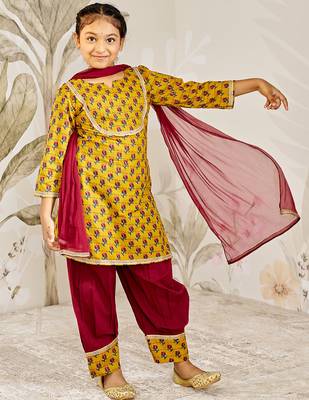 Girl tween cotton kurta set with dupatta - mustard floral print traditional wear rakhi  designer ethnic festival outfit 1