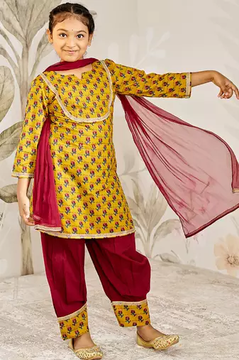 Girl tween cotton kurta set with dupatta - mustard floral print traditional wear rakhi  designer ethnic festival outfit