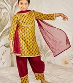 Girl tween cotton kurta set with dupatta - mustard floral print traditional wear rakhi  designer ethnic festival outfit