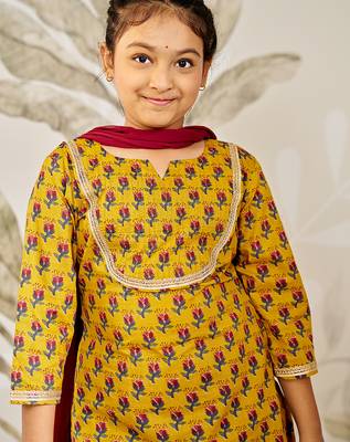 Girl tween cotton kurta set with dupatta - mustard floral print traditional wear rakhi  designer ethnic festival outfit 2