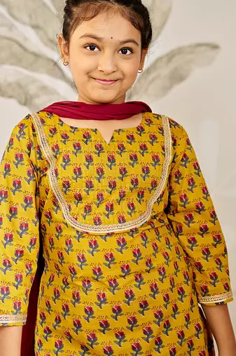 Girl tween cotton kurta set with dupatta - mustard floral print traditional wear rakhi  designer ethnic festival outfit