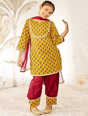 Girl tween cotton kurta set with dupatta - mustard floral print traditional wear rakhi  designer ethnic festival outfit 3