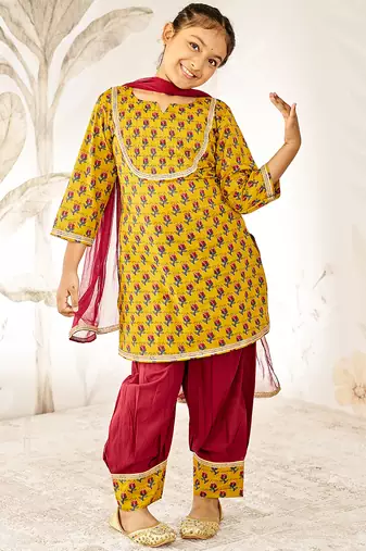 Girl tween cotton kurta set with dupatta - mustard floral print traditional wear rakhi  designer ethnic festival outfit