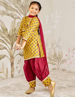 Girl tween cotton kurta set with dupatta - mustard floral print traditional wear rakhi  designer ethnic festival outfit 4