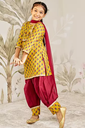 Girl tween cotton kurta set with dupatta - mustard floral print traditional wear rakhi  designer ethnic festival outfit