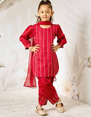 Girl's wedding festive silk kurta set with dupatta - maroon sequin embroidered traditional ethnic wear raksha bandhan 3