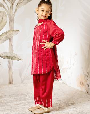 Girl's wedding festive silk kurta set with dupatta - maroon sequin embroidered traditional ethnic wear raksha bandhan 4