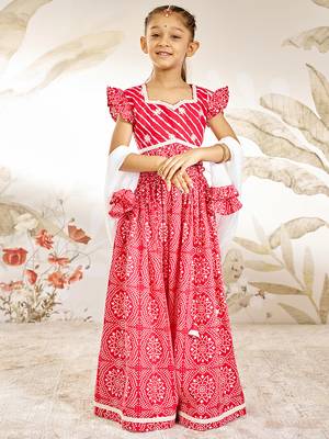 Girl's Traditional Red Cotton Lehenga Set with Embroidery Mirror Work and Dupatta for Wedding Festival Wear (22-30) 1