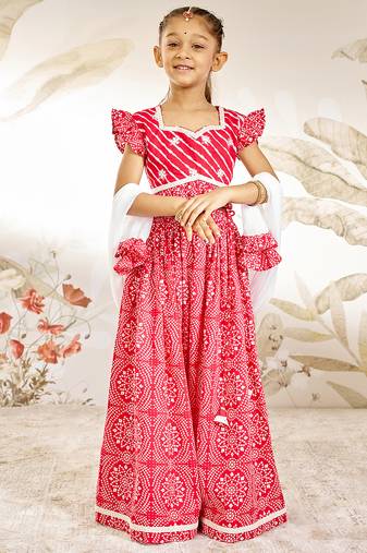 Girl's Traditional Red Cotton Lehenga Set with Embroidery Mirror Work and Dupatta for Wedding Festival Wear (22-30)