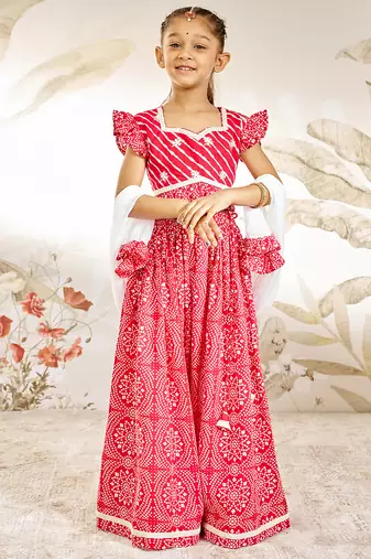 Girl's Traditional Red Cotton Lehenga Set with Embroidery Mirror Work and Dupatta for Wedding Festival Wear (22-30)