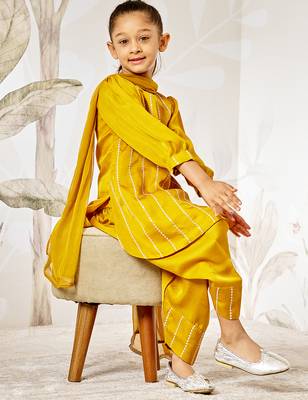Girl's silk kurta set with dupatta - mustard sequin embroidered traditional ethnic wear raksha bandhan wedding outfit 1