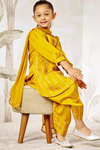 Girl's silk kurta set with dupatta - mustard sequin embroidered traditional ethnic wear raksha bandhan wedding outfit