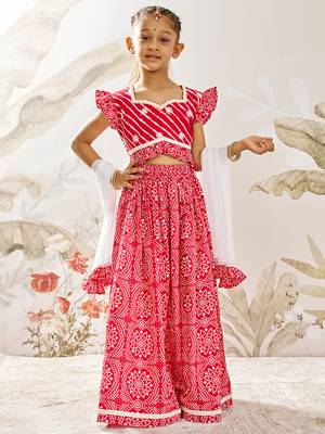 Girl's Traditional Red Cotton Lehenga Set with Embroidery Mirror Work and Dupatta for Wedding Festival Wear (22-30) 3