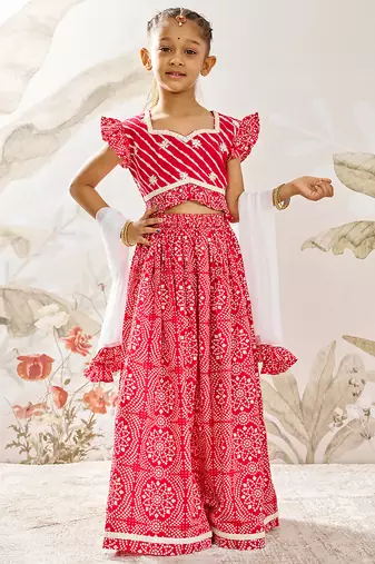 Girl's Traditional Red Cotton Lehenga Set with Embroidery Mirror Work and Dupatta for Wedding Festival Wear (22-30)