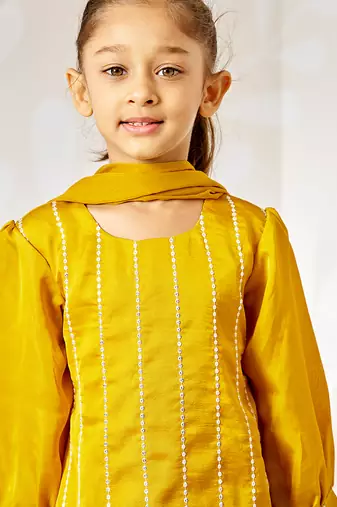 Girl's silk kurta set with dupatta - mustard sequin embroidered traditional ethnic wear raksha bandhan wedding outfit
