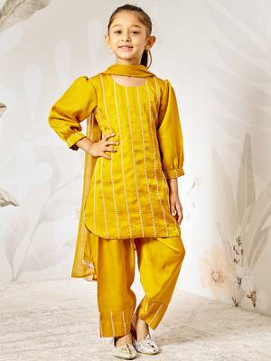 Girl's silk kurta set with dupatta - mustard sequin embroidered traditional ethnic wear raksha bandhan wedding outfit 3