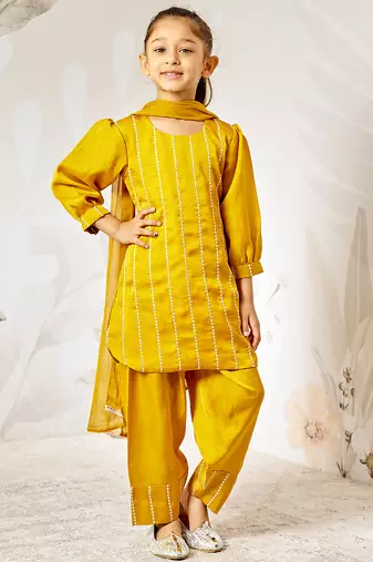Girl's silk kurta set with dupatta - mustard sequin embroidered traditional ethnic wear raksha bandhan wedding outfit