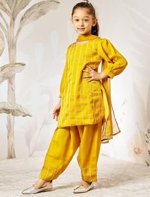 Girl's silk kurta set with dupatta - mustard sequin embroidered traditional ethnic wear raksha bandhan wedding outfit 4