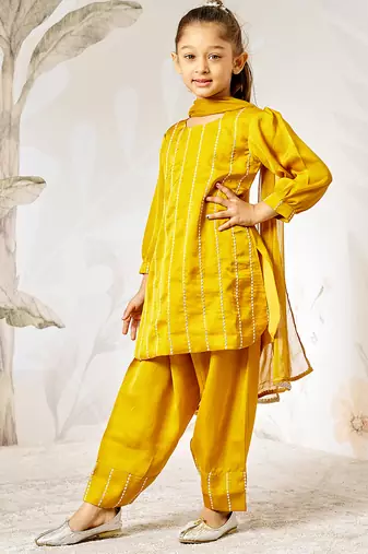Girl's silk kurta set with dupatta - mustard sequin embroidered traditional ethnic wear raksha bandhan wedding outfit