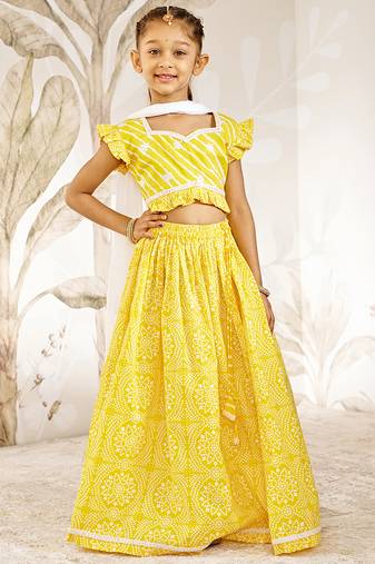 Girl's Traditional Yellow Cotton Lehenga Set with Embroidery Mirror Work and Dupatta for Wedding Festival Wear (22-30)