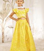 Girl's Traditional Yellow Cotton Lehenga Set with Embroidery Mirror Work and Dupatta for Wedding Festival Wear (22-30)