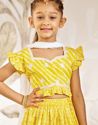 Girl's Traditional Yellow Cotton Lehenga Set with Embroidery Mirror Work and Dupatta for Wedding Festival Wear (22-30) 2