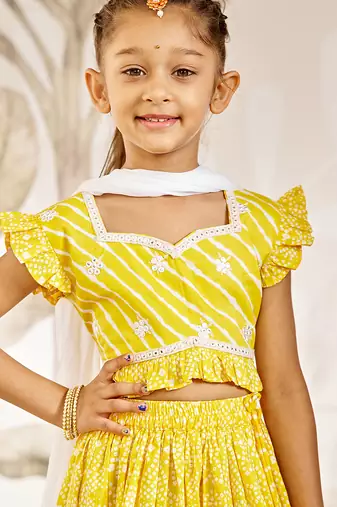 Girl's Traditional Yellow Cotton Lehenga Set with Embroidery Mirror Work and Dupatta for Wedding Festival Wear (22-30)