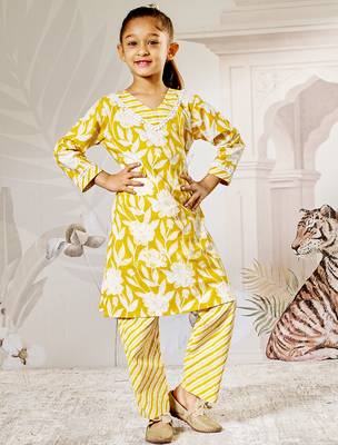 Girl's yellow cotton kurta pyjama set - floral print traditional raksha bandhan summer casual festive wear (22-30) 1