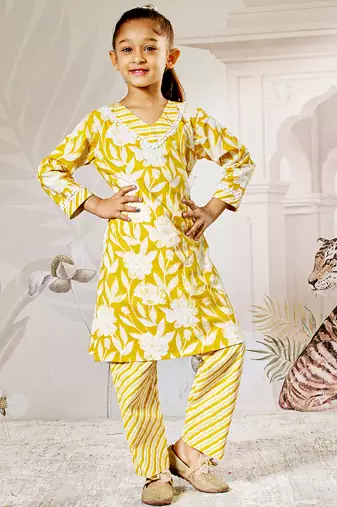 Girl's yellow cotton kurta pyjama set - floral print traditional raksha bandhan summer casual festive wear (22-30)