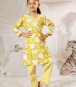 Girl's yellow cotton kurta pyjama set - floral print traditional raksha bandhan summer casual festive wear (22-30)