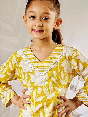 Girl's yellow cotton kurta pyjama set - floral print traditional raksha bandhan summer casual festive wear (22-30) 2