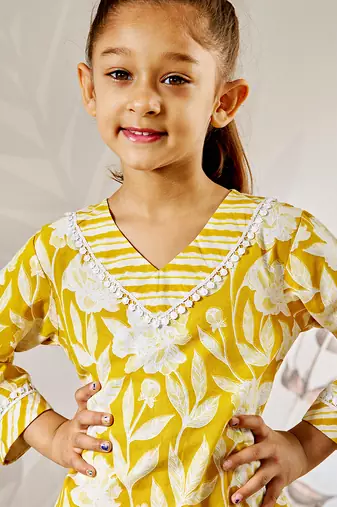Girl's yellow cotton kurta pyjama set - floral print traditional raksha bandhan summer casual festive wear (22-30)