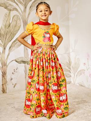 Girl's Lehenga Set  Mustard & Red  Janmashtami Collection  Animal Print 1