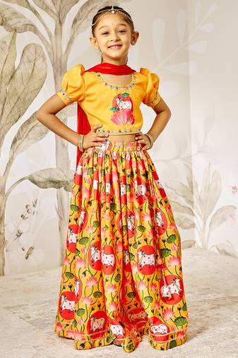 Girl's Lehenga Set | Mustard & Red | Janmashtami Collection | Animal Print