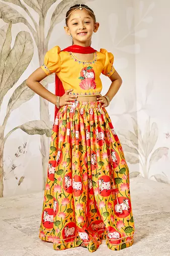 Girl's Lehenga Set | Mustard & Red | Janmashtami Collection | Animal Print