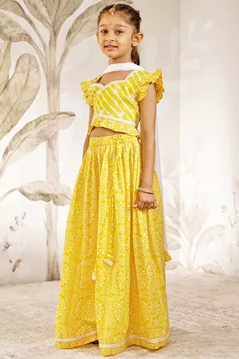 Girl's Traditional Yellow Cotton Lehenga Set with Embroidery Mirror Work and Dupatta for Wedding Festival Wear (22-30)